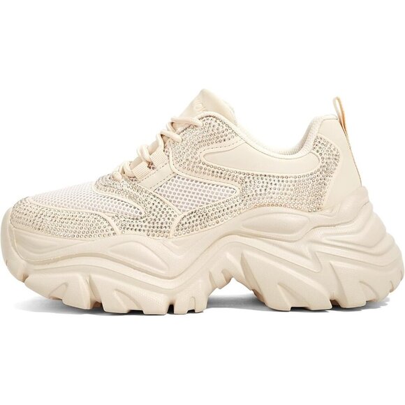 Shoes - Women Leather Beige Rhinestone Comfortable Wedge Walking Sport Sneakers Shoes